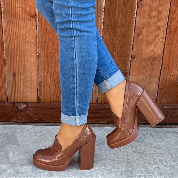 Tan Super Chunky Heel Penny Loafers - Picture 7 of 9